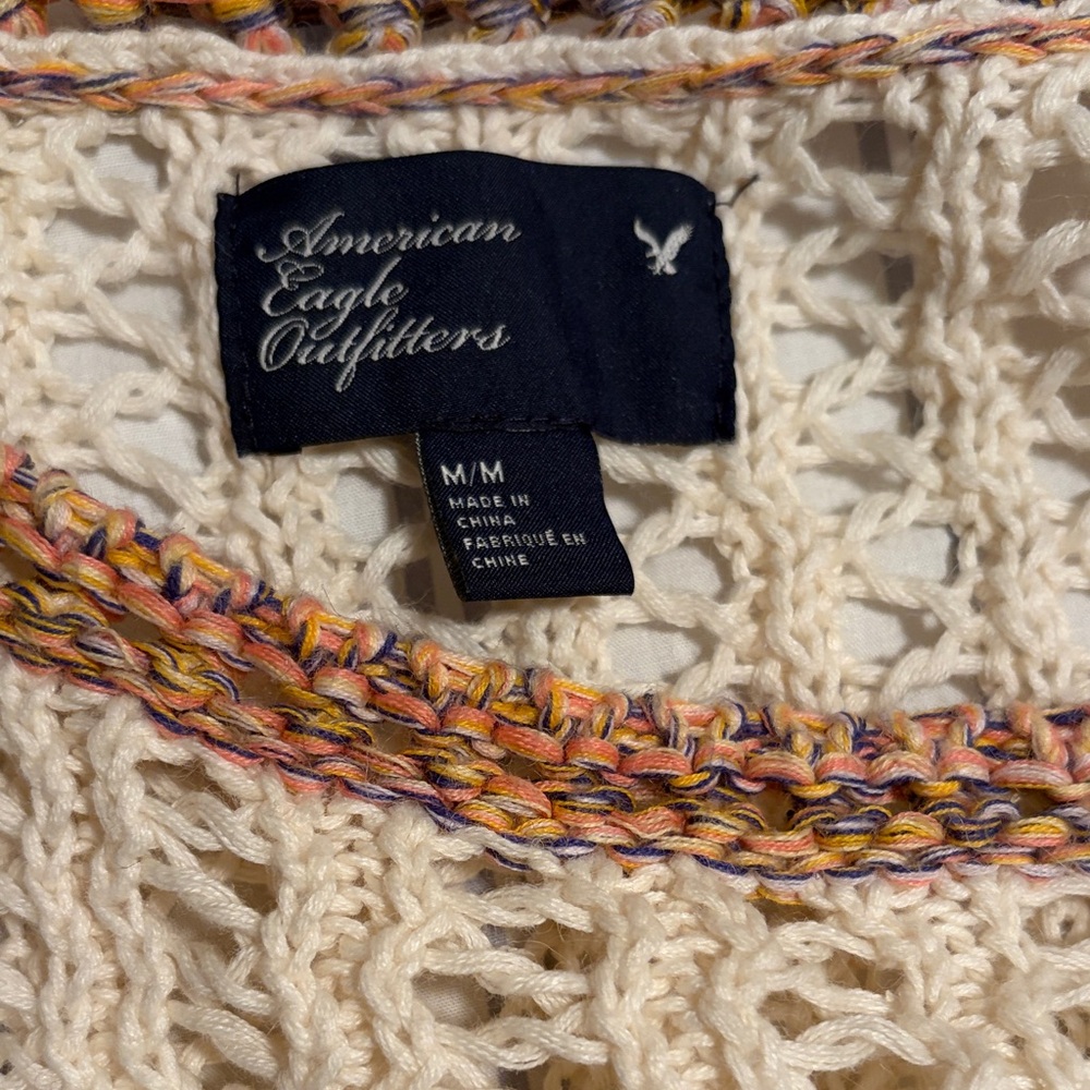 American Eagle Cream and Brown Knit Poncho with Fringe - Picture 2 of 7